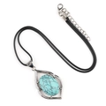 Bohemian silver leaf pendant necklace featuring an oval blue turquoise stone and black cord - Turquoise (Synthetic)