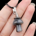 Gray agate mushroom necklace with witch hat pendant and black cord for women - Grey Agate