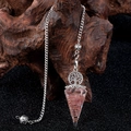 Pink crystal tree of life pendulum pendant with silver chain on rustic wood base - Strawberry Quartz