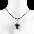 Bohemian black crystal mushroom pendant necklace with silver cap on wax cord chain - Obsidian