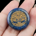 Lapis Lazuli flat disc pendant with gold engraved Tree of Life pattern and blue stone finish - Lapis Lazuli