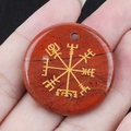 Red jasper stone 30mm round pendant with golden engraved Viking Vegvisir symbol - Red Jasper