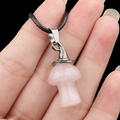 Pink quartz mushroom pendant necklace with witch hat silver clasp on black cord - Rose Quartz
