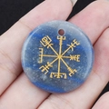 Lapis lazuli round stone pendant with golden Vegvisir Viking compass symbol detail - Blue Aventurine