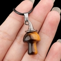 Tiger eye stone mushroom pendant necklace with a silver metal clasp and black cord - Tiger's Eye