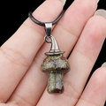 Green moss agate mushroom necklace with silver wizard hat on black braided cord - Dragon Blood Stone