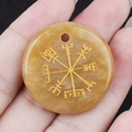 Tiger Eye Stone 30mm Viking Compass pendant with golden Vegvisir symbol carving - Yellow Jade