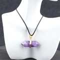 Violet quartz double-pointed hexagonal pillar necklace with golden clip on black cord - Amethyst