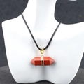 Natural red crystal hexagonal bullet pendant necklace with black woven cord strap - Red Jasper