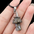 Handmade mushroom necklace with grey agate stone pendant and black braided cord - Blue Flash Stone