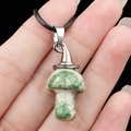 Green and white natural stone mushroom pendant necklace with silver cap and black cord - Qinghai Jade