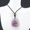 Natural amethyst viking vegvisir rune necklace with golden sandblasted teardrop stone - Amethyst