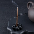 Lotus incense burner in black carved finish with holder for zen aromatherapy - Obsidian