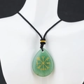 Green natural stone Viking rune necklace with teardrop pendant and black cord - Green Aventurine