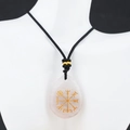 Pink rose quartz water drop pendant necklace featuring golden Viking rune symbol - Rose Quartz
