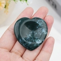 Polished heart-shaped moss agate worry stone with natural green and blue patterns - India Agate