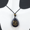 Blue sandstone teardrop necklace with gold engraved Viking Vegvisir symbol detail - Synthetic Blue Sandstone