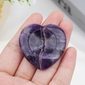 Polished amethyst heart-shaped worry stone with natural white veins and thumb groove - Purple Crystal