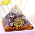6.5cm Orgone Energy Pyramid with Amethyst, White Crystal, and Mandala Metal Patch - Clear Quartz + Amethyst