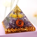 Handmade Orgone Pyramid with amethyst stones, copper spiral and gold leaf accents - Amethyst And Copper Coil (AG65-10)