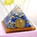6.5cm Orgone energy pyramid with Lapis Lazuli stones and Flower of Life symbol - Clear Quartz + Lapis Lazuli