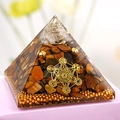 Tiger Eye Orgone Pyramid with Metatron Cube and Copper Spiral Resin Decor - Clear Quartz + Tiger Eye