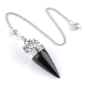 Polished black obsidian lotus cone pendulum with silver Om symbol for yoga meditation - Obsidian