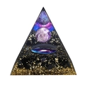 Piramide Orgone con sfera di ametista, effetto nebulosa, base in ossidiana e oro - Viola (8cm)