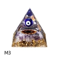 Orgonite pyramid with purple amethyst, gold foil, and blue evil eye bead detail - 5cm / M3 Pyramid