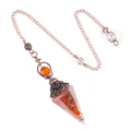 Vintage copper hexagonal resin pendulum with orange agate stones on a white background - Hexagonal Cone (2108) / Red Agate