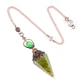 Orgone crystal dowsing pendulum with green gravel and vintage bronze flower cap - Hexagonal Cone (2108) / Peridot Crystal