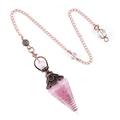 Pink crystal hexagonal cone pendulum with vintage copper floral cap and beaded chain - Hexagonal Cone (2108) / Rose Quartz