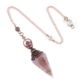 Hexagonal resin pendulum pendant with strawberry quartz and antique bronze wire coil - Hexagonal Cone (2108) / Strawberry Quartz