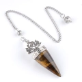 Tiger's eye crystal pendulum with silver lotus flower cap and delicate metal chain - Tiger Eye