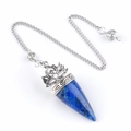 Cone-shaped lapis lazuli energy pendulum with silver lotus and Om symbol charm - Lapis Lazuli
