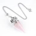 Pink quartz healing crystal pendulum with silver lotus flower and Om symbol charm - Rose Quartz