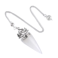Natural white crystal pendulum with silver lotus Om symbol and sleek metal chain - Clear Quartz