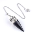 Blue sandstone cone pendulum with silver lotus charm and metallic chain for meditation - Blue Sandstone (Synthetic)