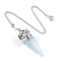 Antique silver lotus flower pendant featuring a translucent cone-shaped opalite stone - Opalite (Synthetic)