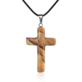 40mm Naturstein Kreuzanhänger Halskette mit Holzmaserung, schwarzer Kordel und Silberclip - Jaspis