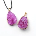 Water-drop purple druzy quartz pendant with gold electroplated edge and black wax cord - Teardrop (Single) / Purple