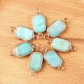 Light blue rectangular faceted crystal connector with gold frame and double hanging loops - Amazonite