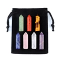 7 Chakra natural crystal hexagonal point set including seven stones with black velvet bag - Rose Quartz Style (With Pouch)
