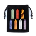 Set of seven natural hexagonal chakra crystals with a black velvet drawstring pouch - Tiger Eye Style (With Pouch)