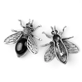 Vintage style bee brooch pendant in antique silver finish with a black gemstone inlay - Obsidian