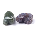Miniature carved stone lizard figurines in green jade and purple agate crystal - India Agate