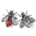 Vintage silver bee brooch with red agate stone and detailed mesh wings in variant finish - Red Agate