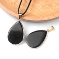 Water drop teardrop pendant in black stone with gold bezel and woven cord necklace - Obsidian