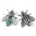 Vintage silver bee brooch with oval green gemstone and detailed hollow-out wings - Green Aventurine