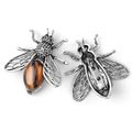 Vintage bee brooch pendant with tiger eye stone and silver alloy antique finish - Tiger's Eye